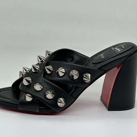 Christian Louboutin SPIKA CLUB Spiked Leather Mule Block Heel Sandals Shoes - Picture 5 of 14